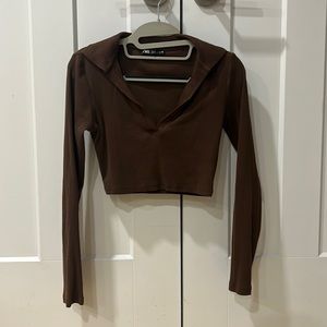 Zara brown collared long sleeve crop top